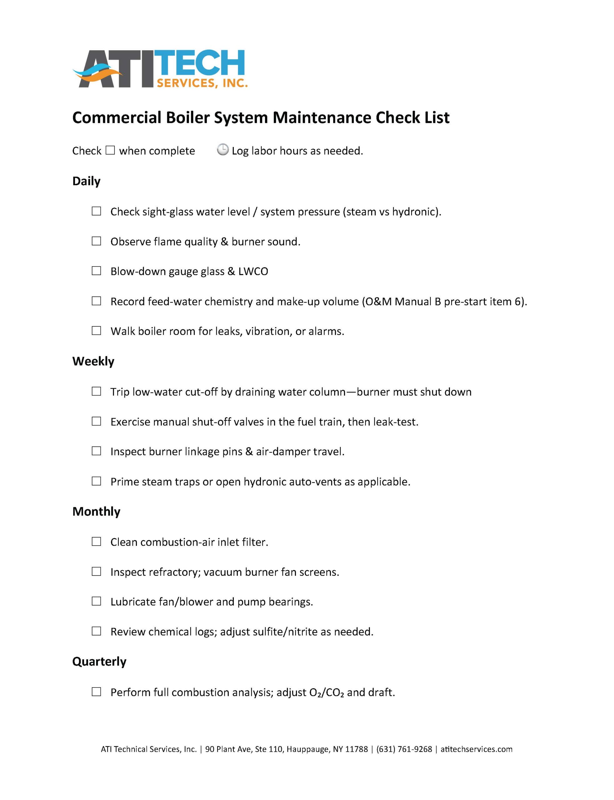 ATI Tech Services Commercial Boiler System Maintenance Checklist Thumbnail